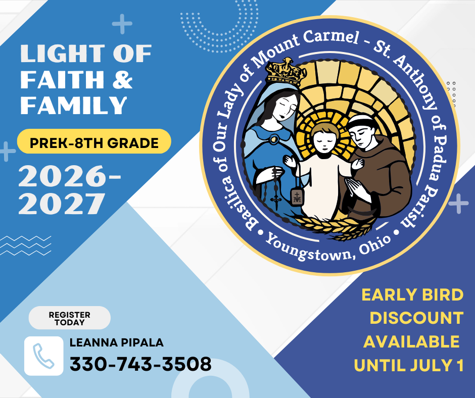 Register here for Light of Faith & Family (Pre-K through 8th Grade) 2026-2027 sessions. Early bird discount available until July 1, 2026