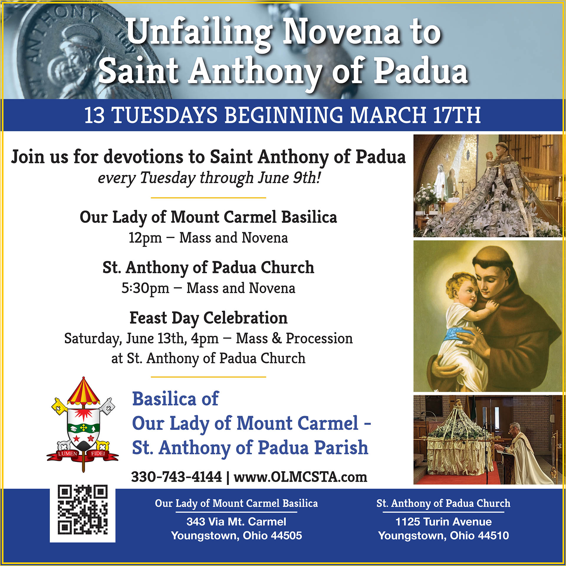Unfailing Novena to Saint Anthony of Padua - devotions weekly Tuesdays from March 17 - June 9, 2026